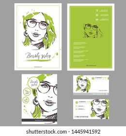 Big set of hand drawn templates for card, flyer, poster, brochure and leaflet design. Fashion illustration with woman fits for fashion shop, optics, spa salon, hairdresser Vector graphic. Green colors