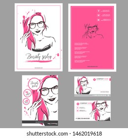 Big set of hand drawn templates for card, flyer, poster, brochure and leaflet design. Fashion illustration with woman fits for fashion shop, optics, spa salon, hairdresser Vector graphic. red color