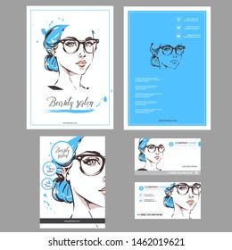 Big set of hand drawn templates for card, flyer, poster, brochure and leaflet design. Fashion illustration with woman fits for fashion shop, optics, spa salon, hairdresser salon Vector graphic.