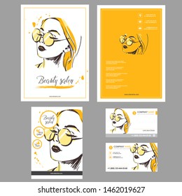 Big set of hand drawn templates for card, flyer, poster, brochure and leaflet design. Fashion illustration with woman fits for fashion shop, optics, spa salon, hairdresser Vector graphic. Yellow color