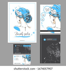 Big set of hand drawn templates for card, flyer, poster, brochure and leaflet design. Fashion illustration with woman fits for fashion shop, magazine, spa salon, hairdresser salon Vector graphic.