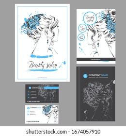 Big set of hand drawn templates for card, flyer, poster, brochure and leaflet design. Fashion illustration with woman fits for fashion shop, magazine, spa salon, hairdresser salon Vector graphic.