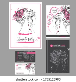 Gran conjunto de plantillas a mano para el diseño de tarjetas, volantes, afiches, folletos y folletos. Ilustración de moda con mujer para tienda de moda, revista, salón de spa, peluquería Vector gráfico.