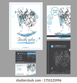 Big set of hand drawn templates for card, flyer, poster, brochure and leaflet design. Fashion illustration with woman fits for fashion shop, magazine, spa salon, hairdresser salon Vector graphic.