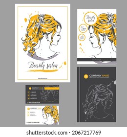 Big set of hand drawn templates for card, flyer, poster, brochure and leaflet design. Fashion illustration with woman fits for fashion shop, magazine, spa salon, hairdresser salon Vector graphic.