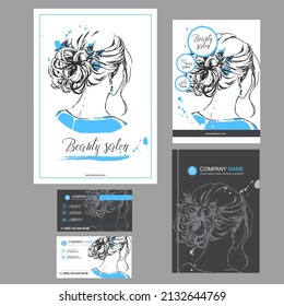 Big set of hand drawn templates for card, flyer, poster, brochure and leaflet design. Fashion illustration with woman fits for fashion shop, magazine, spa salon, hairdresser salon Vector graphic.