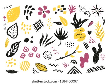 Big set of hand drawn textured elements and symbols. Abstract patterns for prints, designs, greeting cards