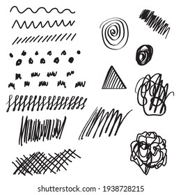 Big set of hand drawn textures design elements. Marker, brush lines and hatch, abstract wavy and striped shapes. Isolated, editable for typography and digital use. 