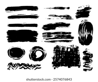 Big set of hand drawn textures and brush strokes isolated on white background. Vector collection of grunge design elements.