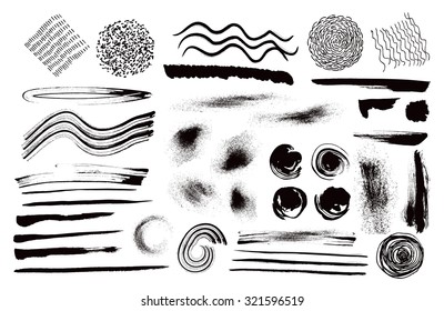 Big Set of Hand Drawn Textures and Brushes, ink design elements. Hand-drawn with watercolor grunge strokes (individual objects). Abstract watercolor design elements for your projects. Vector