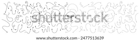 Big set of hand drawn thin line and dash line arrows. Collection of black curved vector pointers pointing in different directions. Simple design elements of a signpost showing confusing complex path