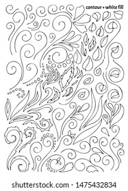 Big set of hand drawn tracery elements, floral nature pattern with pearls, leaves and beads (contour with white fill) in doodle style. Isolated decorative vector illustration on white background