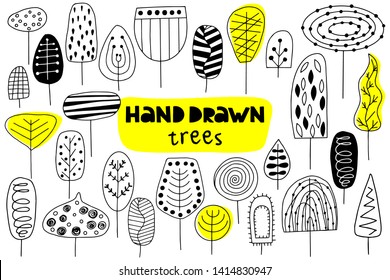 Big set of hand drawn trees on a white background. Doodle style. Vector illustration.