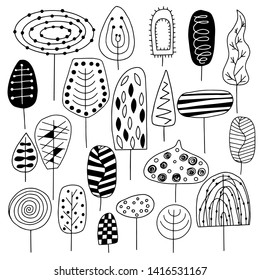 Big set of hand drawn trees on a white background. Doodle style. Vector illustration.