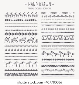 Big set of hand drawn tribal endless borders. Animal and abstract geometric ethnic pattern brushes. Monochrome. European cave painting style