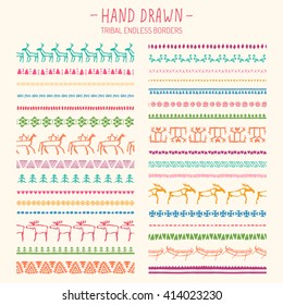 Big set of hand drawn tribal endless borders. Animal and abstract geometric ethnic pattern brushes. Bright and fresh color palette. European cave painting style