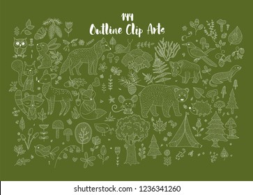 Big set of hand drawn utline forest illustraitions with wild animals and nature elements.