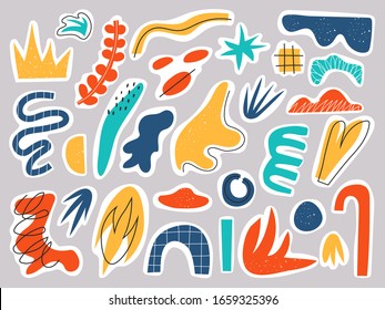 Big set of hand drawn various shapes and doodle objects. Abstract contemporary modern trendy vector illustration. Vector elements -stickers isolated on a white background.
