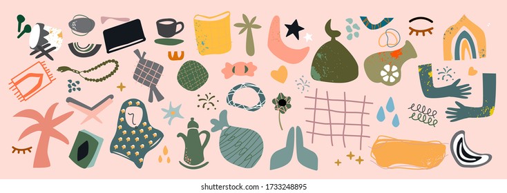 Big set of hand drawn various shapes and doodle objects. islamic themes. Abstract contemporary modern trendy vector illustration. All elements are isolated