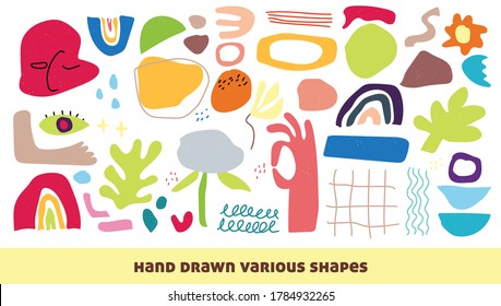 Big set of hand drawn various shapes and doodle objects. Abstract contemporary modern trendy vector illustration.