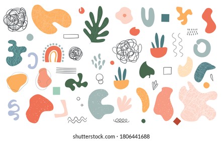 Big set of Hand drawn various colorful shapes and doodle objects. Abstract contemporary modern trendy vector illustration. All elements are isolated.