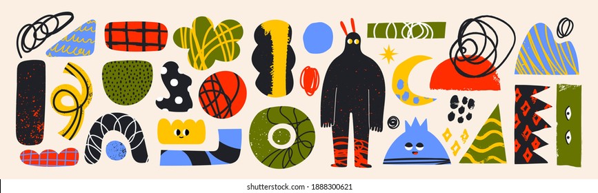 Big Set of hand drawn various colorful Shapes, doodle objects and creatures. Different textures. Abstract contemporary modern trendy Vector illustrations. All elements are isolated