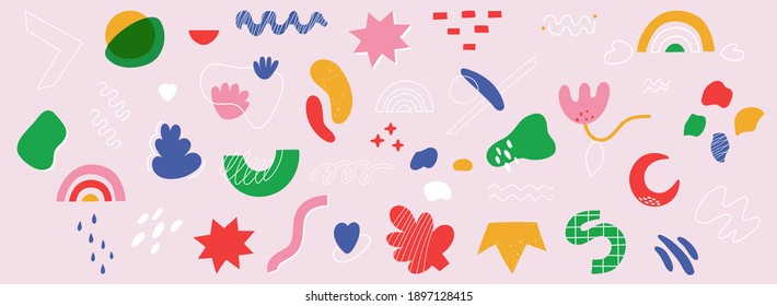 Big set of hand drawn various shapes and doodle objects. Abstract contemporary modern trendy vector illustration. Vector elements isolated on a white background.