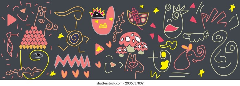 Big set of hand drawn various shapes and doodle objects. Abstract contemporary modern trendy vector illustration. All elements are isolated
Flowers, eye, people, cute pattern, fashion and textile 