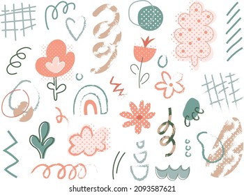 Big set of hand drawn various shapes and doodle objects. Abstract contemporary modern trendy vector illustration. Set of isolated pastel elements