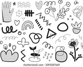 Big set of hand drawn various shapes and doodle objects. Abstract contemporary modern trendy vector illustration. Black isolated elements