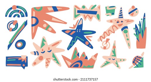 Big set of hand drawn various shapes and doodle objects sticker. Abstract contemporary modern trendy vector illustration.Space and astronomy.Hipster star.