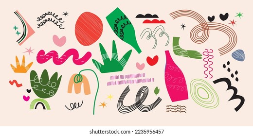 Gran conjunto de dibujos a mano de varias formas y objetos de doodle. Resumen de la moderna ilustración vectorial de moda contemporánea. Todos los elementos están aislados
