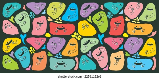 Big set of hand drawn various shapes  face wall paper. Abstract flat vector illustration with happy face background. All elements are isolated with black background. Abstract flat shape. Hand drawn.