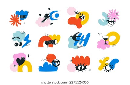 Big Set of hand drawn various colorful Shapes, doodle objects and creatures. Abstract contemporary modern trendy Vector illustrations. All elements are isolated.