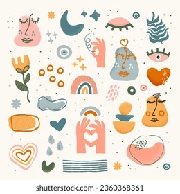 Big set of hand drawn various shapes and objects. Doodle textured faces, eyes, hands, rainbows and frames. Abstract contemporary modern trendy vector illustration. Relationship, love concept.