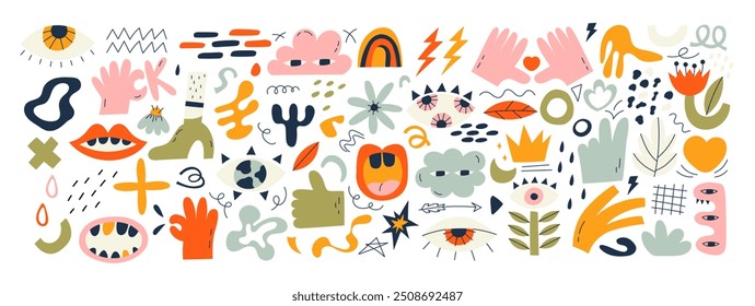 Grande conjunto de mão desenhou várias formas e rabiscar objetos, elementos tropicais e mãos humanas. Ilustração vetorial moderna moderna abstrata e contemporânea. Todos os elementos são isolados
