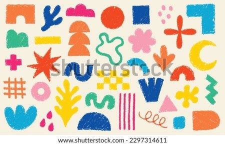 Big set of hand drawn various shapes and doodles pattern design elements. Abstract contemporary modern vector illustration in color pencil style.