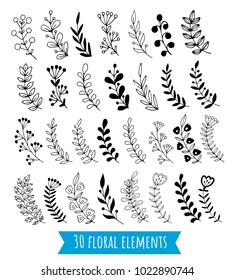 Big set of hand drawn vector branches with leaves, flowers, berries. Design elements for invitations, greeting cards, posters, wedding frames.