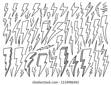 Big Set Of Hand Drawn Vector Lightning Bolts Illustrations