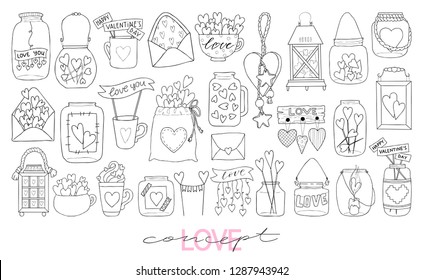 Big set of hand drawn vector illustration of a mason jar, love letter, topper, pouch, mug, decorative toy, lantern with hearts and inscriptions love you, candle, wedding and romance concept