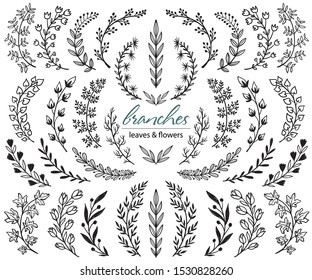 Big set of hand drawn vector plants and branches with leaves, flowers, berries. Floral sketch collection. Decorative elements for design. Ink, vintage, rustic