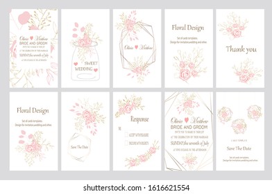 BIG set of hand drawn vector cards with flowers,leaves. Botanic  Design for banner, wedding, poster, invitation, cover, placard, brochure, header.