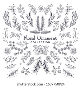 Big set of hand drawn vector flowers and branches with leaves, flowers, berries. Floral sketch collection. Decorative elements for design. Ink, vintage, rustic.