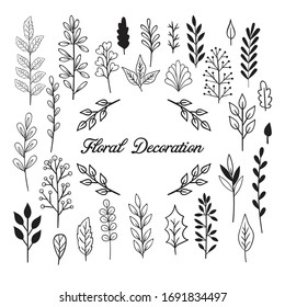 Big set of hand drawn vector flowers and branches with leaves, flowers, berries. Floral sketch collection.