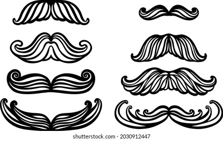 Big set of hand drawn vector mustache. Funny mustache. Collection of cartoon barber silhouette hairstyle . Various types of whiskers.Isolated. Vector illustration.