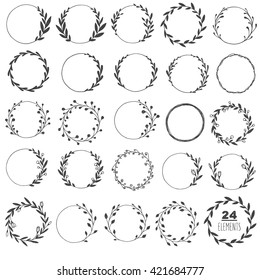 Big set of hand drawn vector round frames. Floral wreaths with leaves, berries. Decorative elements for design. Ink, vintage, rustic.