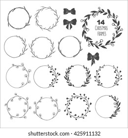 Big set of hand drawn vector round christmas frames. Floral wreaths with leaves, berries, spruce, twigs, lights, bows. Decorative elements for design. Ink, vintage, rustic, winter.
