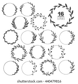Big set of hand drawn vector round frames. Floral wreaths with leaves, berries. Decorative elements for design. Ink, vintage, rustic.