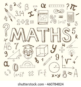 Big set of hand drawn vector maths icons, isolated on a background