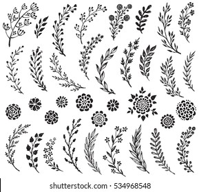 Big set of hand drawn vector flowers and branches with leaves and berries. Floral sketch collection. Decorative elements for design. Ink, vintage, rustic.